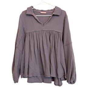 2/$30 Ces Femme - Dusty Purple Textured Peplum Blouse Long Sleeve Size Large